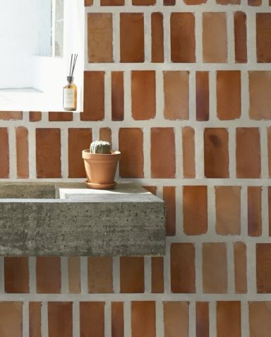 Mur en briques aux teintes de terre cuite, avec un petit pot de plante sur un lavabo.