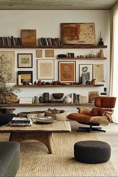 Intérieur moderne avec étagères, œuvres d'art et fauteuil orange. Décor minimaliste.