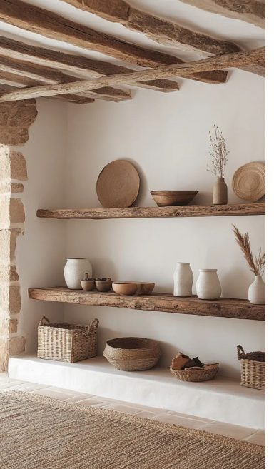 Étagères en bois avec des pots et des paniers en osier, décor minimaliste.